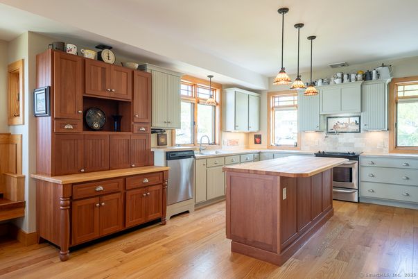 Interior, Kitchen, Pendant Lights, Stainless Steel Appliances, Wood Texture Flooring