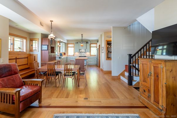 Dining room, Interior, Kitchen, Pendant Lights, Wood Texture Flooring