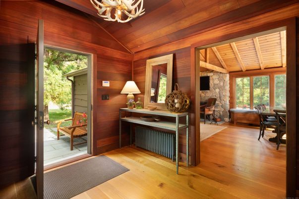 Chandelier, Fireplace, Home Office, Interior, Stone Walls, Wooden Ceilings, Wood Texture Flooring, Wooden Walls