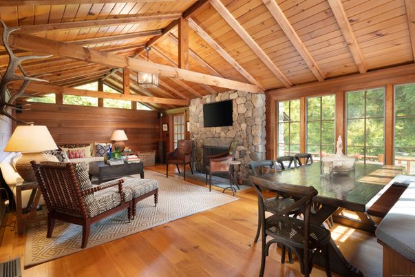 Dining room, Fireplace, Interior, Living room, Stone Walls, Wooden Beams, Wooden Ceilings, Wood Texture Flooring, Wooden Walls
