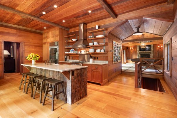 Interior, Kitchen, Pendant Lights, Recessed Lighting, Stainless Steel Appliances, Wooden Beams, Wooden Ceilings, Wood Texture Flooring, Wooden Walls