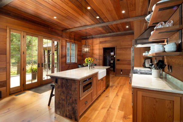 Interior, Kitchen, Pendant Lights, Recessed Lighting, Wooden Beams, Wooden Ceilings, Wood Texture Flooring, Wooden Walls