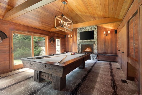 Billiard Table, Fireplace, Game Room, Interior, Pendant Lights, Wooden Beams, Wooden Ceilings, Wooden Walls