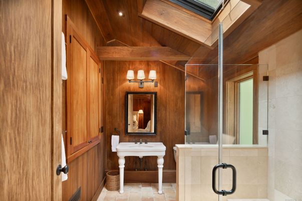 Bathroom, Glass Shower, Interior, Recessed Lighting, Wooden Beams, Wooden Ceilings, Wooden Walls
