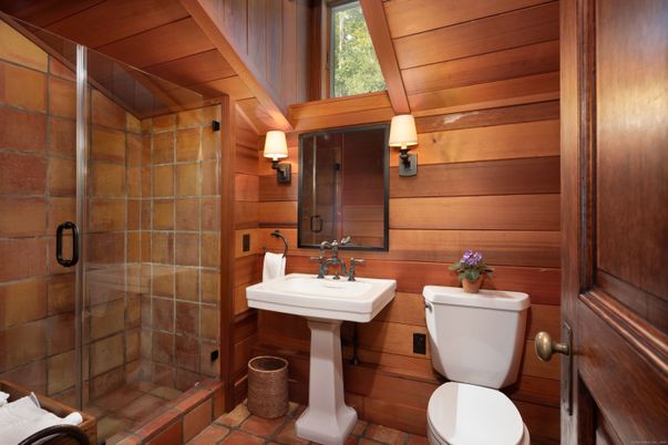 Bathroom, Glass Shower, Interior, Wooden Walls