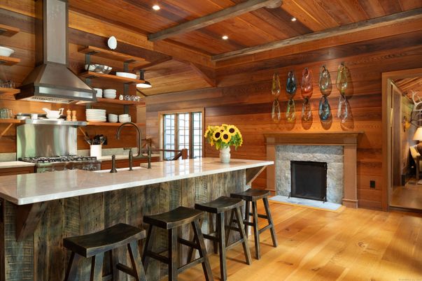 Fireplace, Interior, Kitchen, Recessed Lighting, Wooden Beams, Wooden Ceilings, Wood Texture Flooring, Wooden Walls