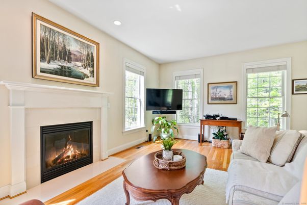 Fireplace, Interior, Living room, Recessed Lighting, Wood Texture Flooring