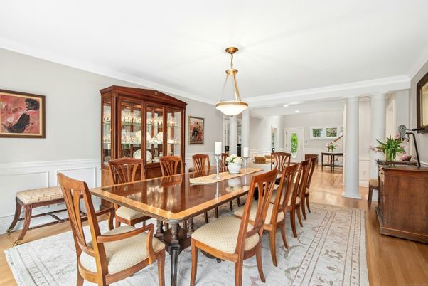 Dining room, Interior, Pendant Lights, Recessed Lighting, Wood Texture Flooring