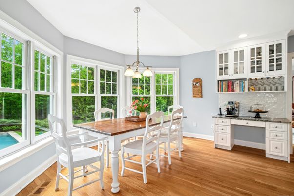 Dining room, Interior, Pendant Lights, Recessed Lighting, Wood Texture Flooring