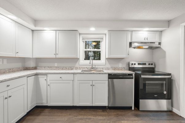 Interior, Kitchen, Recessed Lighting, Stainless Steel Appliances, Wood Texture Flooring