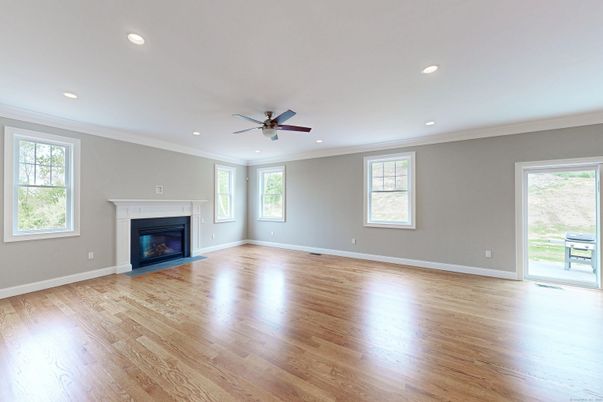 Empty room, Fireplace, Interior, Recessed Lighting, Wood Texture Flooring