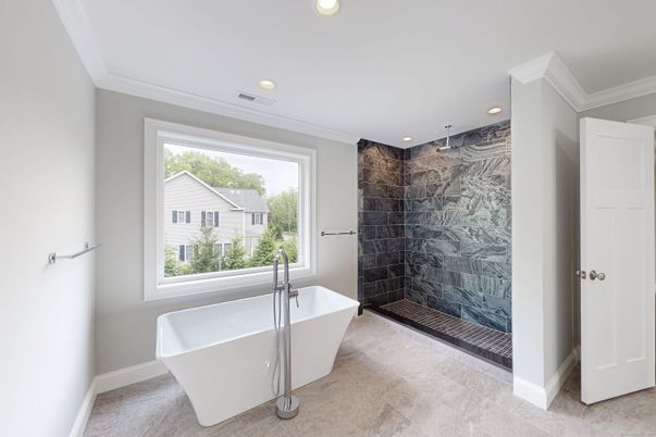 Bathroom, Free Standing Baths, Glass Shower, Interior, Marble Walls, Recessed Lighting