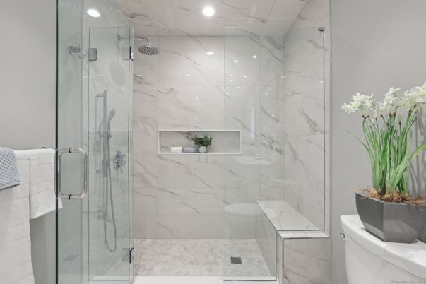 Bathroom, Glass Shower, Interior, Marble Walls, Recessed Lighting