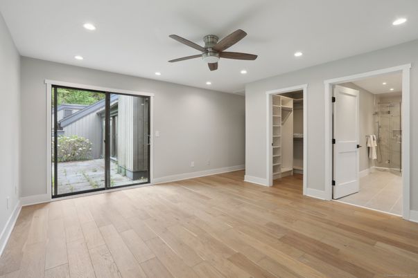 Bathroom, Empty room, Glass Shower, Interior, Recessed Lighting, Wood Texture Flooring