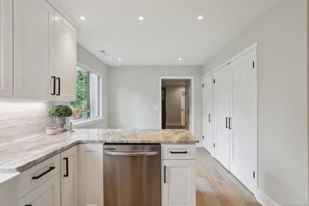 Interior, Kitchen, Recessed Lighting, Stainless Steel Appliances, Wood Texture Flooring