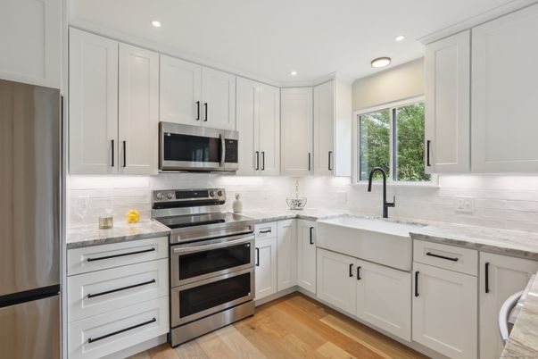 Interior, Kitchen, Recessed Lighting, Stainless Steel Appliances, Wood Texture Flooring