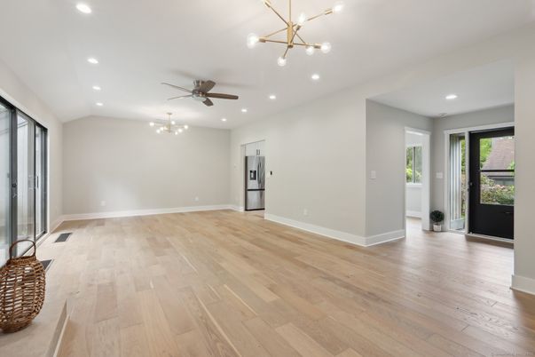 Empty room, Interior, Pendant Lights, Recessed Lighting, Wood Texture Flooring