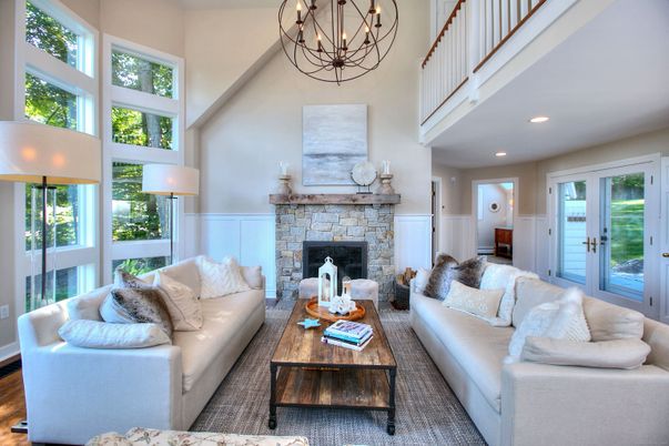 Chandelier, Fireplace, Interior, Living room, Recessed Lighting, Wood Texture Flooring