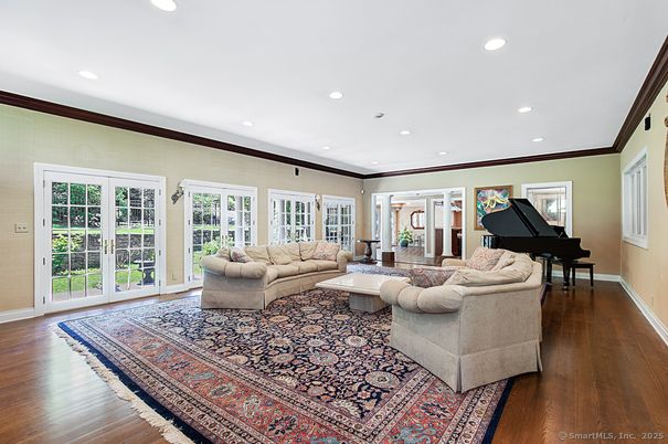 Interior, Living room, Piano, Recessed Lighting, Wood Texture Flooring