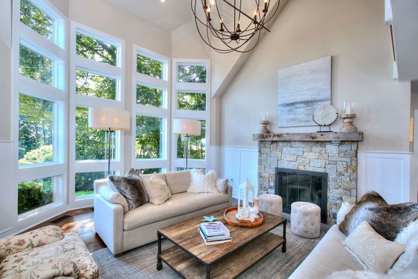 Chandelier, Fireplace, Interior, Living room, Recessed Lighting, Wood Texture Flooring
