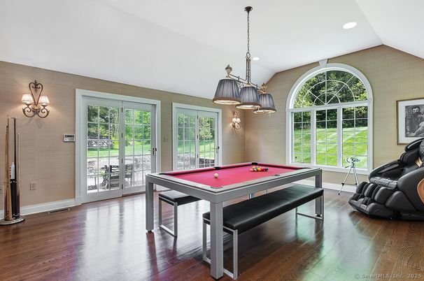Billiard Table, Game Room, Interior, Pendant Lights, Recessed Lighting, Wood Texture Flooring