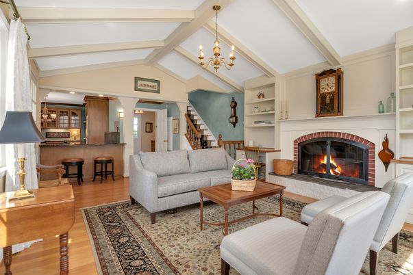 Chandelier, Fireplace, Interior, Living room, Recessed Lighting, Wood Texture Flooring