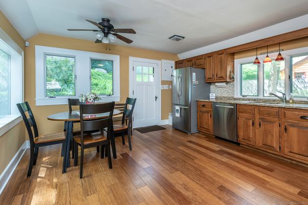 Dining room, Interior, Kitchen, Pendant Lights, Wood Texture Flooring