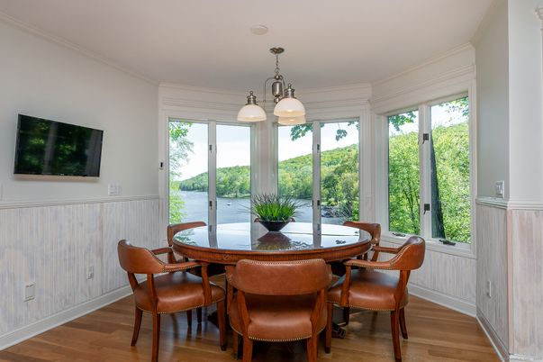Dining room, Interior, Pendant Lights, Wood Texture Flooring