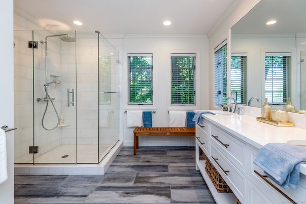 Bathroom, Glass Shower, Interior, Recessed Lighting, Wood Texture Flooring