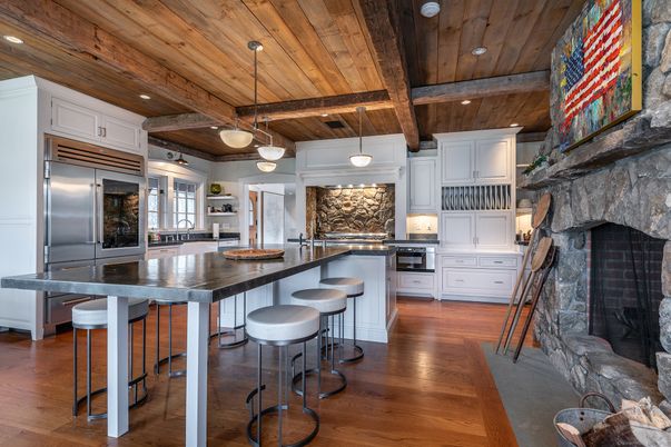 Fireplace, Interior, Kitchen, Pendant Lights, Recessed Lighting, Stainless Steel Appliances, Wooden Beams, Wooden Ceilings, Wood Texture Flooring