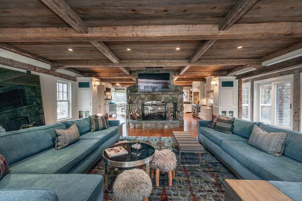 Fireplace, Interior, Living room, Recessed Lighting, Wooden Beams, Wooden Ceilings, Wood Texture Flooring