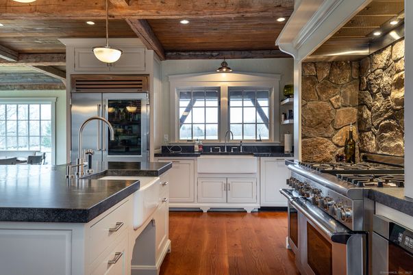 Interior, Kitchen, Pendant Lights, Recessed Lighting, Stainless Steel Appliances, Stone Walls, Wooden Beams, Wooden Ceilings, Wood Texture Flooring