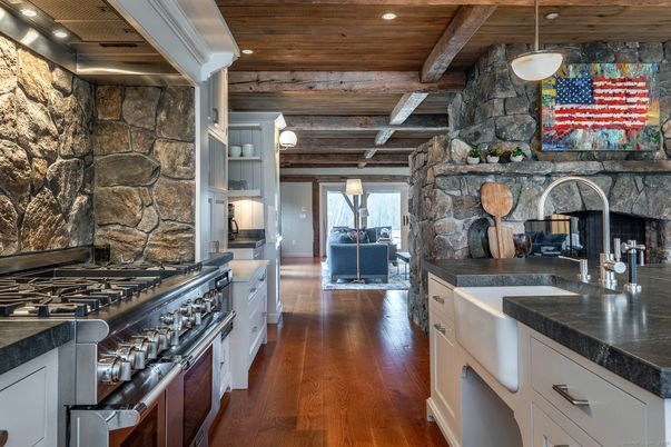 Interior, Kitchen, Pendant Lights, Recessed Lighting, Stainless Steel Appliances, Stone Walls, Wooden Beams, Wooden Ceilings, Wood Texture Flooring