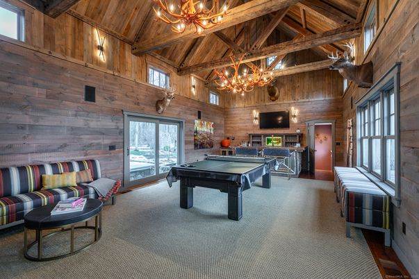 Billiard Table, Chandelier, Game Room, Interior, Wooden Beams, Wooden Ceilings, Wooden Walls