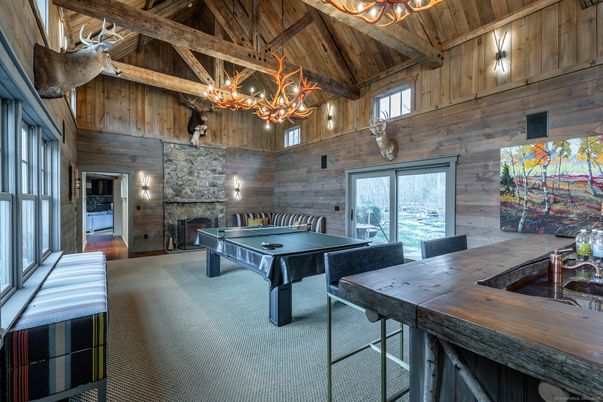 Billiard Table, Chandelier, Fireplace, Game Room, Interior, Wooden Beams, Wooden Ceilings, Wooden Walls