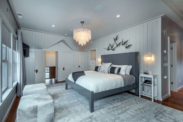 Bedroom, Chandelier, Interior, Recessed Lighting, Wood Texture Flooring