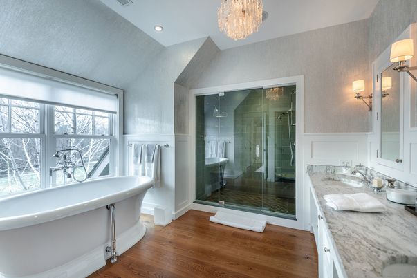 Bathroom, Chandelier, Free Standing Baths, Glass Shower, Interior, Recessed Lighting, Wood Texture Flooring