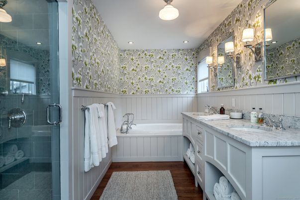 Bathroom, Dual Sink Vanities, Glass Shower, Interior, Recessed Lighting, Wood Texture Flooring