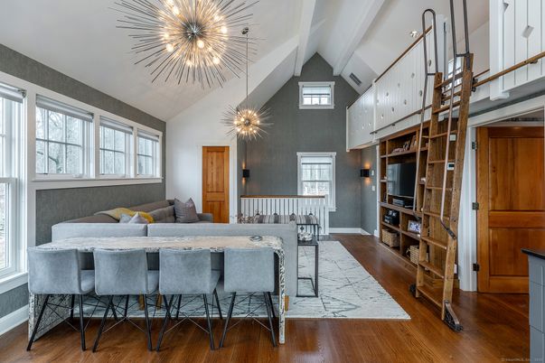 Dining room, Interior, Pendant Lights, Wood Texture Flooring