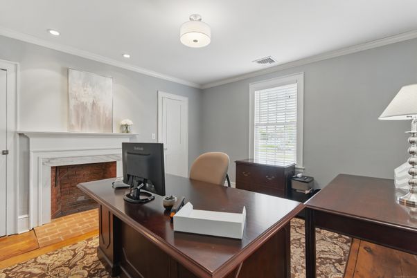 Fireplace, Home Office, Interior, Recessed Lighting, Wood Texture Flooring