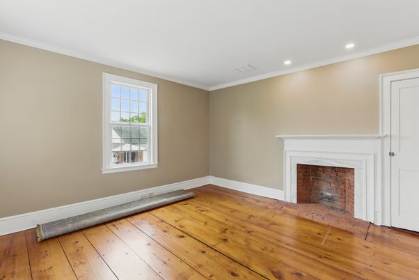 Empty room, Fireplace, Interior, Recessed Lighting, Wood Texture Flooring