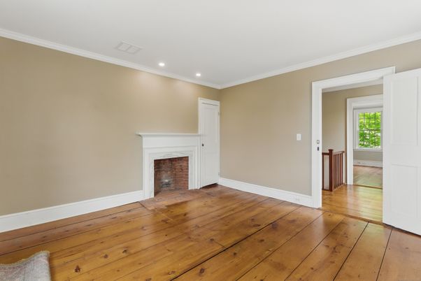 Empty room, Fireplace, Interior, Recessed Lighting, Wood Texture Flooring