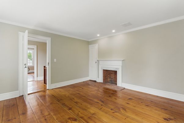 Empty room, Fireplace, Interior, Recessed Lighting, Wood Texture Flooring