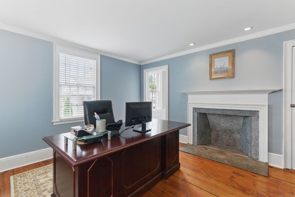 Fireplace, Home Office, Interior, Recessed Lighting, Wood Texture Flooring