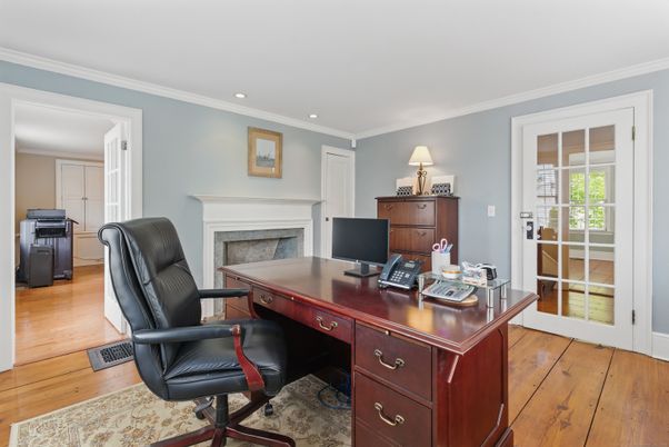 Fireplace, Home Office, Interior, Recessed Lighting, Wood Texture Flooring