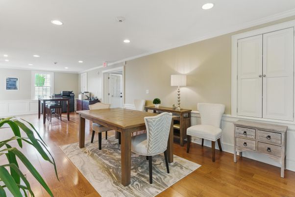 Dining room, Interior, Recessed Lighting, Wood Texture Flooring