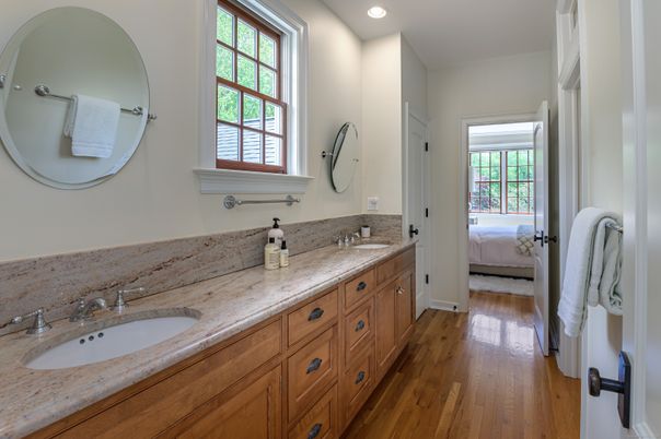 Bathroom, Bedroom, Dual Sink Vanities, Interior, Recessed Lighting, Wood Texture Flooring