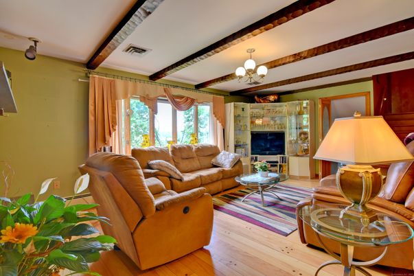 Chandelier, Interior, Living room, Wooden Beams, Wood Texture Flooring