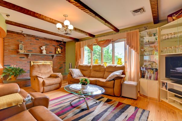 Chandelier, Interior, Living room, Stone Walls, Wooden Beams, Wood Texture Flooring