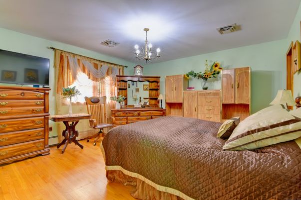 Bedroom, Chandelier, Interior, Wood Texture Flooring